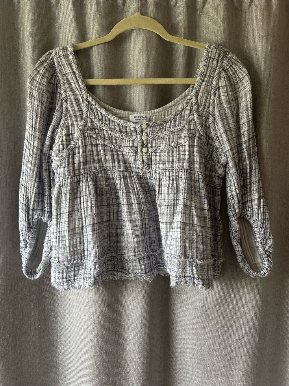 True Craft Plaid Double Gauze Frayed Peasant Top L